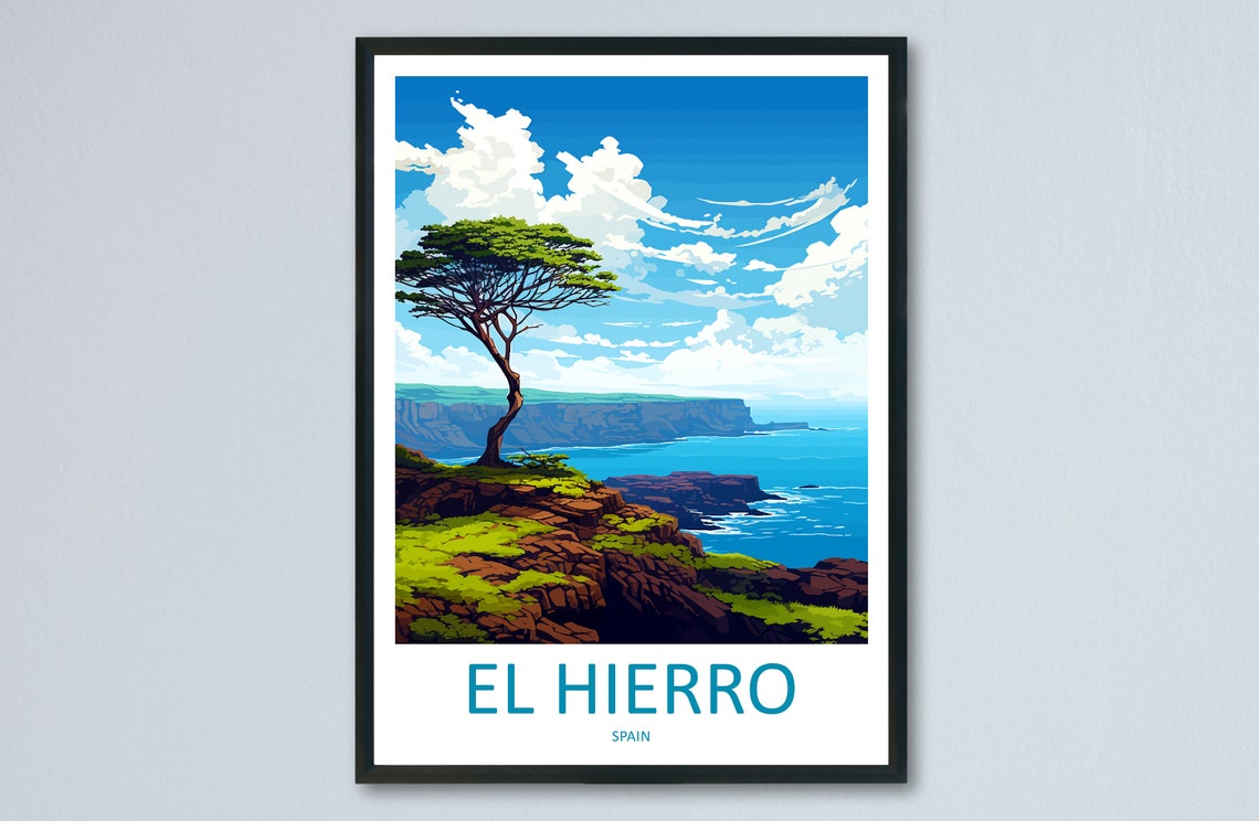 El Hierro Spain Rocky Cliff Coast Lone Tree Travel Poster Art