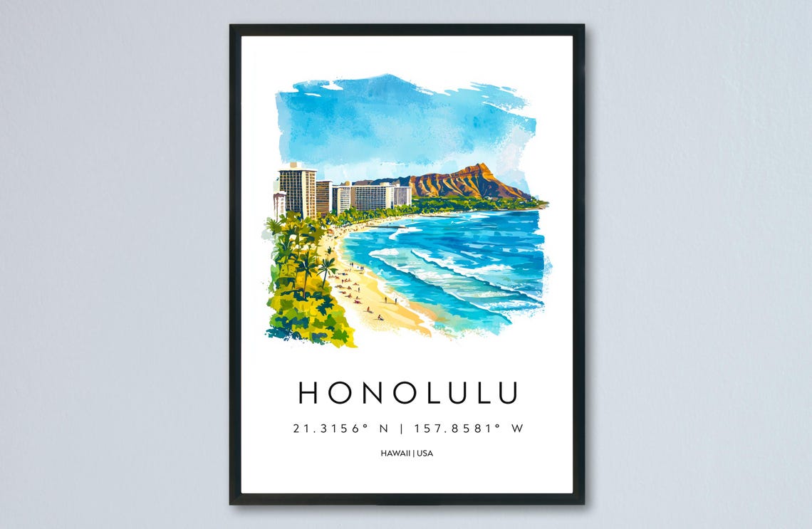 Sunny Honolulu Hawaii Skyline Beach Diamond Head Watercolor Poster