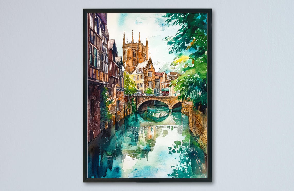 Exeter England Cathedral River Bridge Historic Watercolor Poster