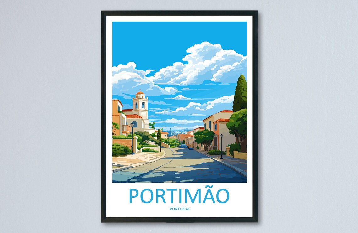 Portimao Portugal Sunny Old Town Street Illustrated Travel Poster