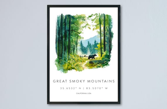 Great Smoky Mountains Watercolor Bear Forest Trail Nature Poster