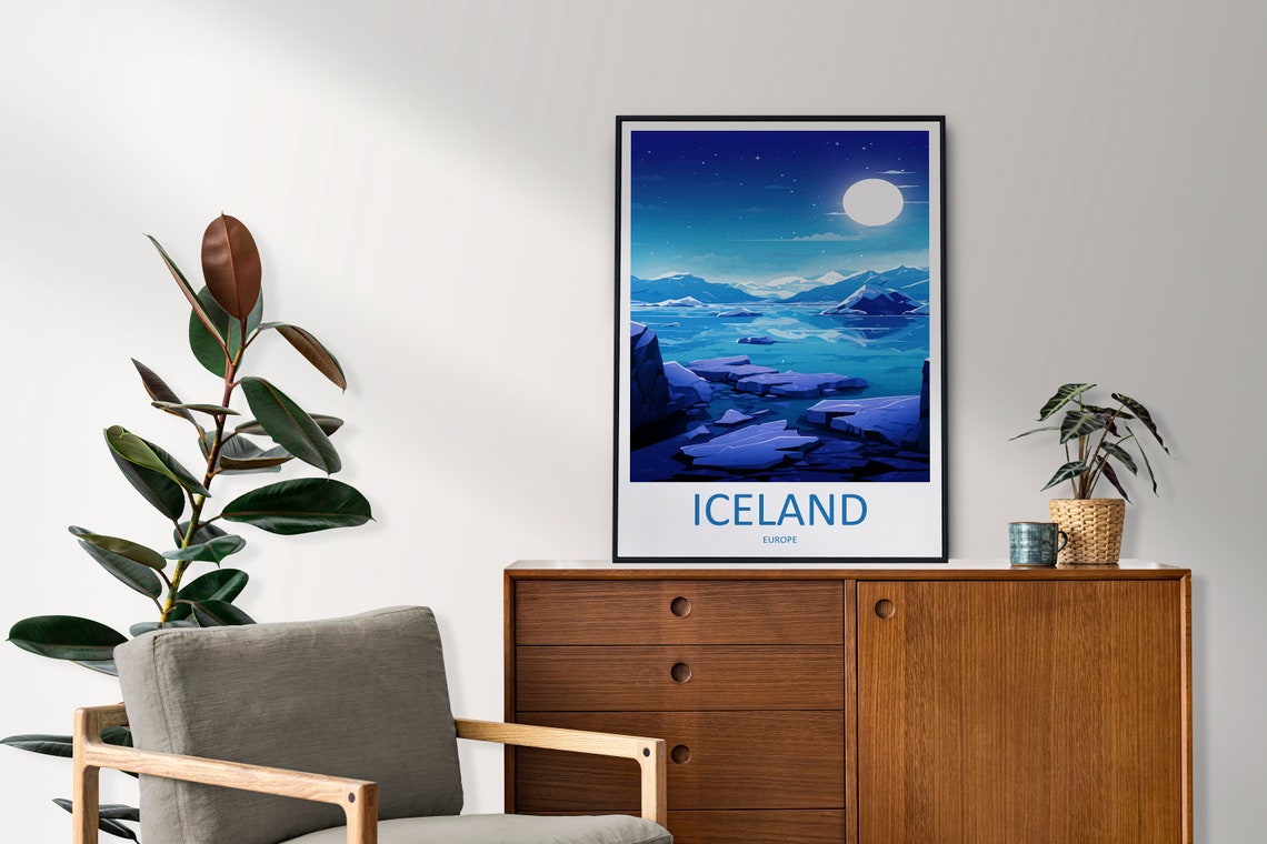Iceland Glacier Lagoon Moonlit Night Winter Landscape Poster - Image 2