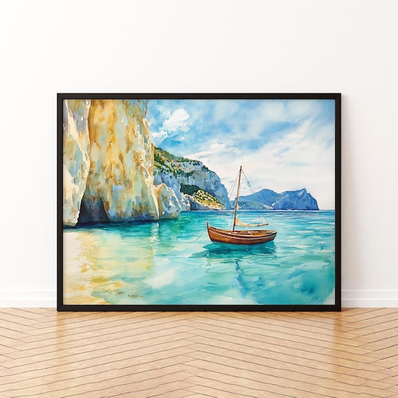 Zakynthos Greece Watercolor Poster Sailboat Turquoise Cliffs Sea Art