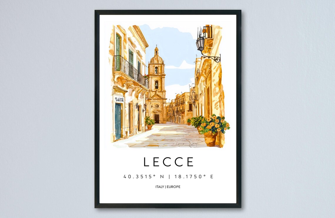 Lecce Italy Baroque Street Bell Tower Watercolor Travel Poster