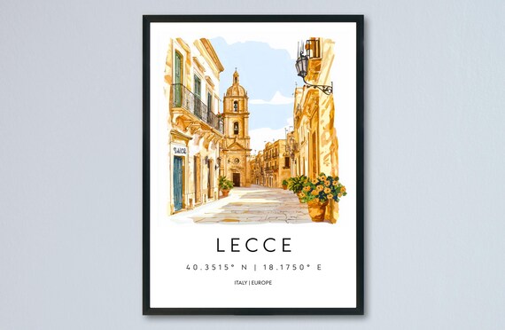 Lecce Italy Baroque Street Bell Tower Watercolor Travel Poster