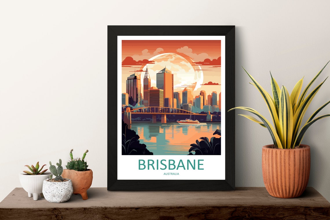 Brisbane Australia Sunset Skyline River Ferry Vintage Poster Art - Image 3