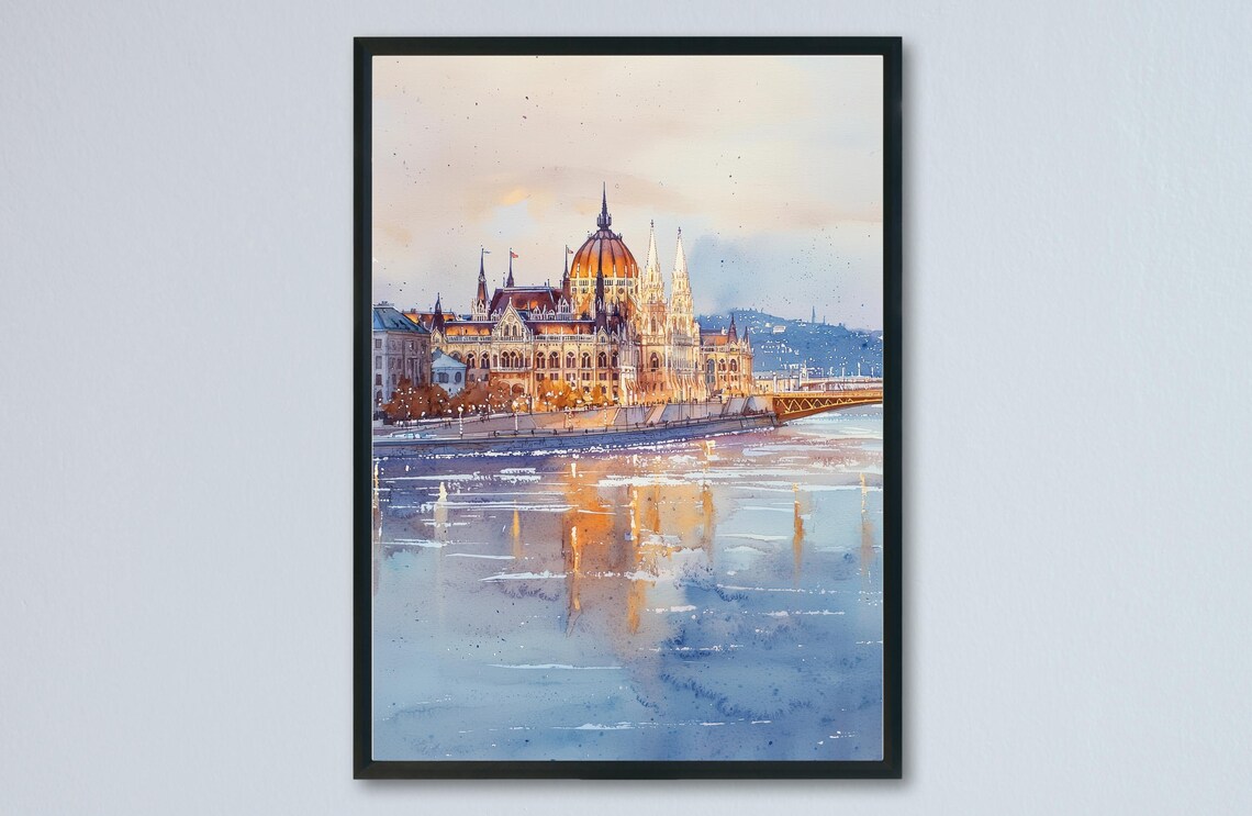 Budapest Hungary Parliament Building Danube River Sunset Watercolor Poster