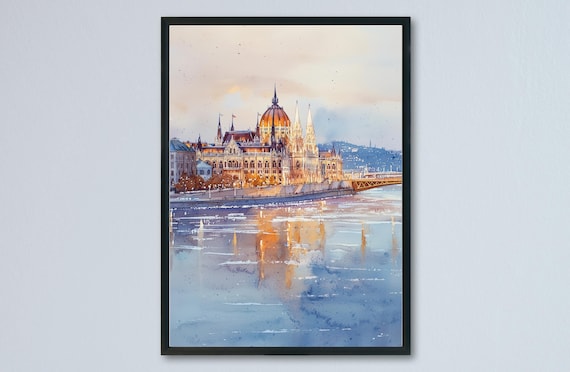 Budapest Hungary Parliament Building Danube River Sunset Watercolor Poster