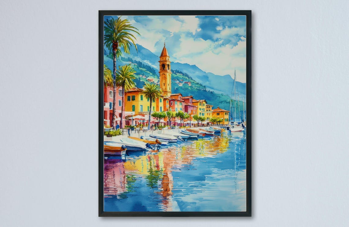 Ascona Colorful Harbor Palm Trees Lake Watercolor Travel Poster