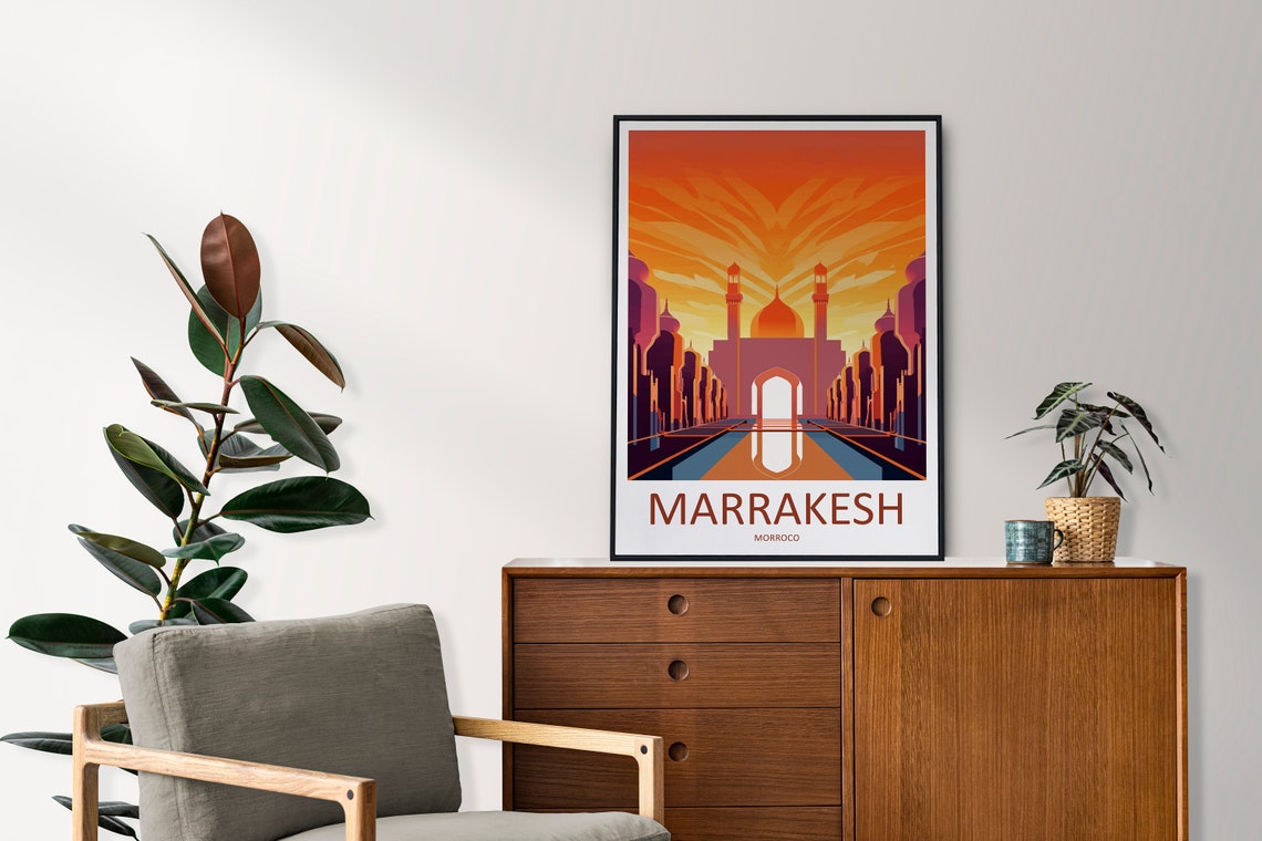 Marrakesh Morocco Fiery Sunset Mosque Boulevard Travel Poster - Image 2
