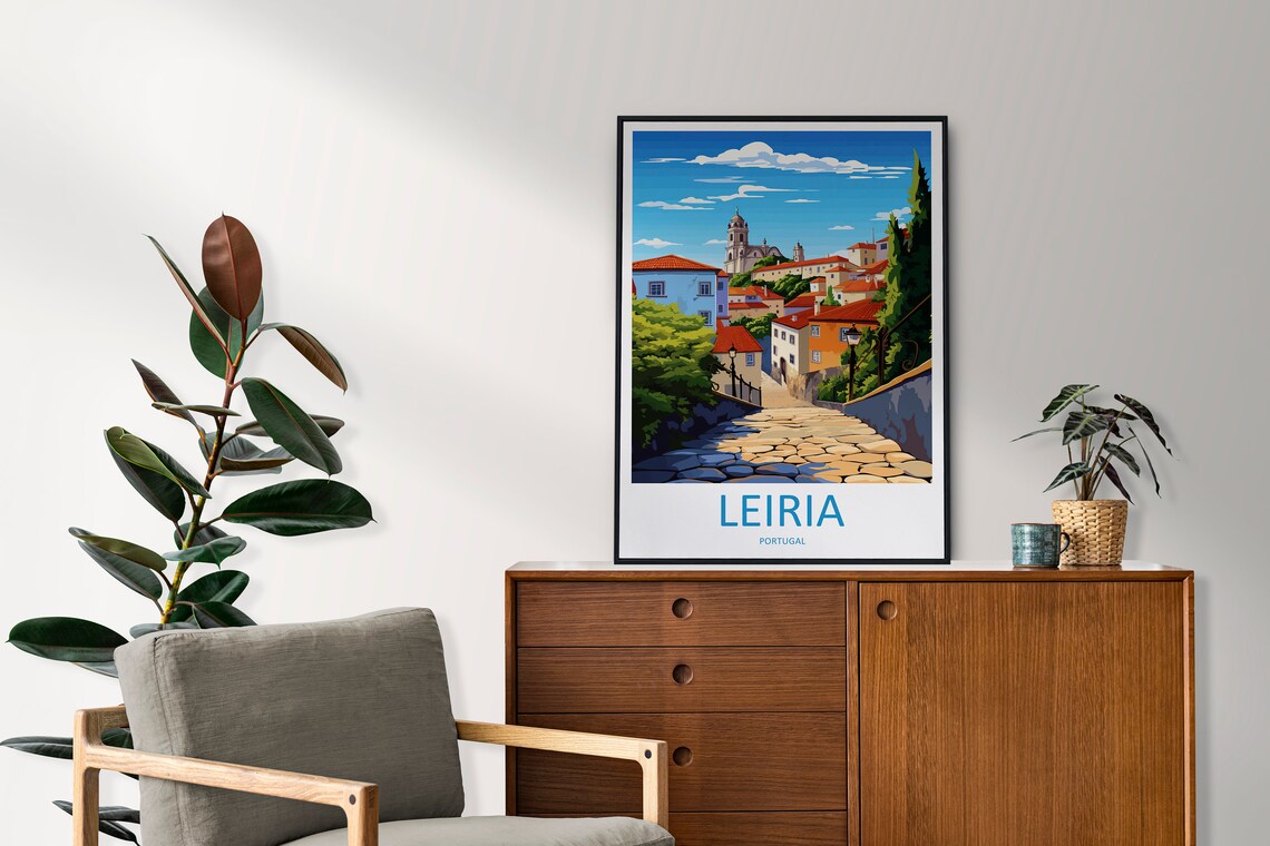 Leiria Portugal Hilltop Town Cobblestone Lane Scene Travel Poster - Image 2
