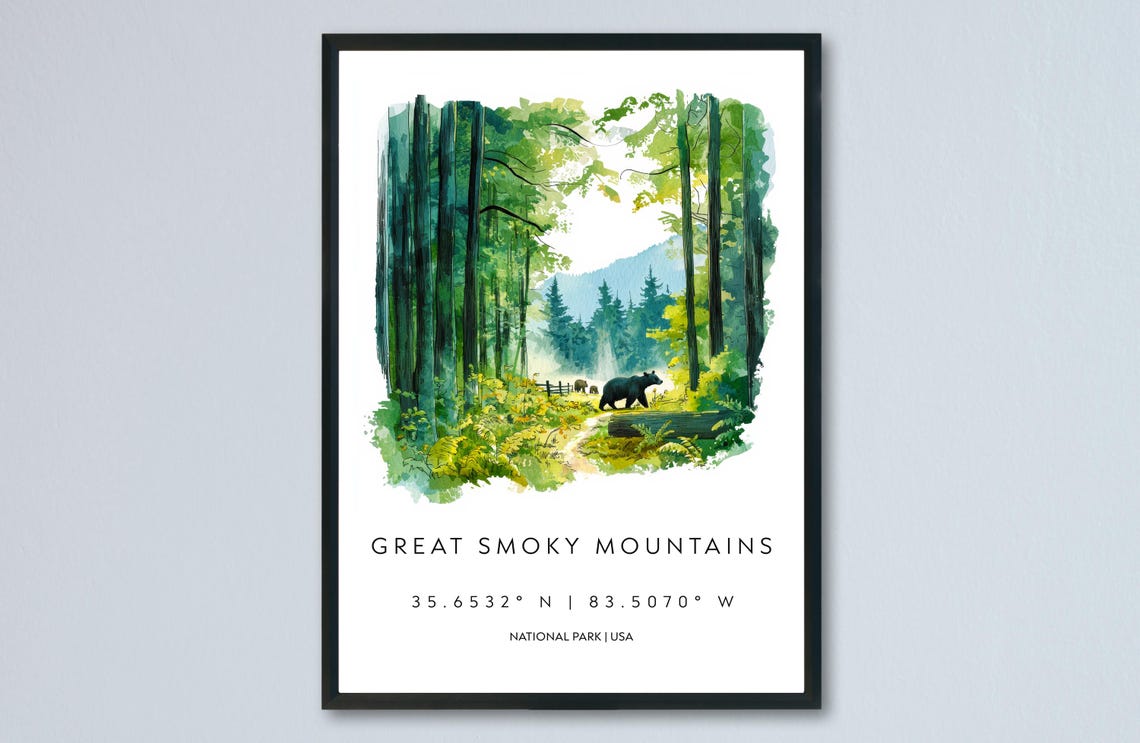 Great Smoky Mountains Watercolor Poster With Black Bear in Tennessee
