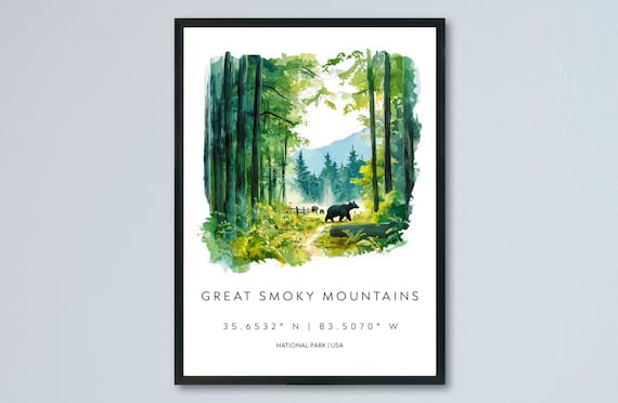 Great Smoky Mountains Watercolor Poster With Black Bear in Tennessee