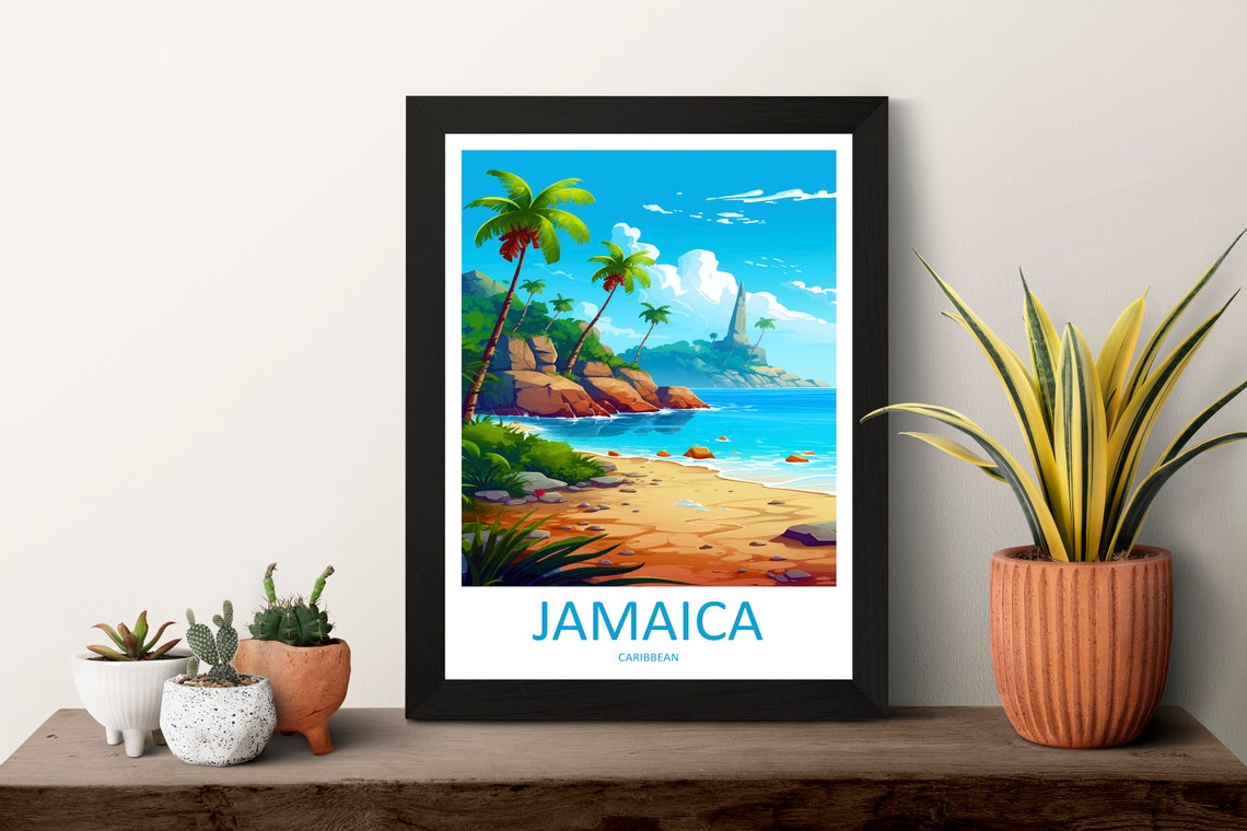 Sunny Jamaican Caribbean Beach With Palm Trees And Rocky Cliffs Poster - Image 3
