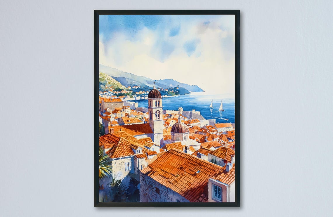 Dubrovnik Old Town Red Rooftops Adriatic Sea Watercolor Poster