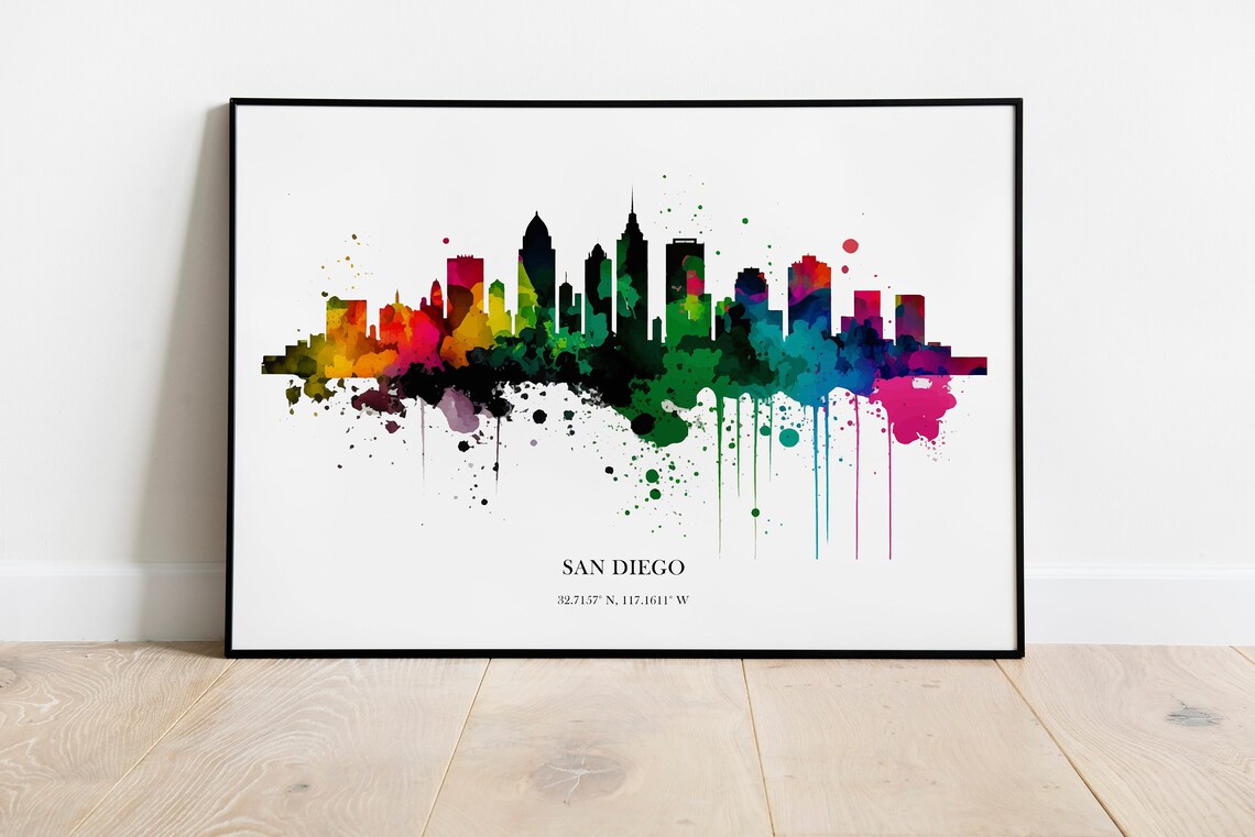 San Diego Watercolor Skyline, Cityscape Art Print