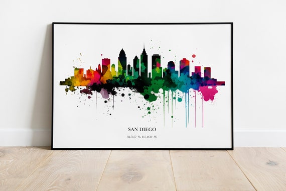 San Diego Watercolor Skyline, Cityscape Art Print