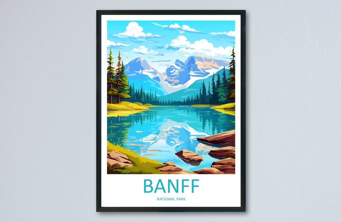 Banff National Park Turquoise Lake Mountain Reflection Travel Poster
