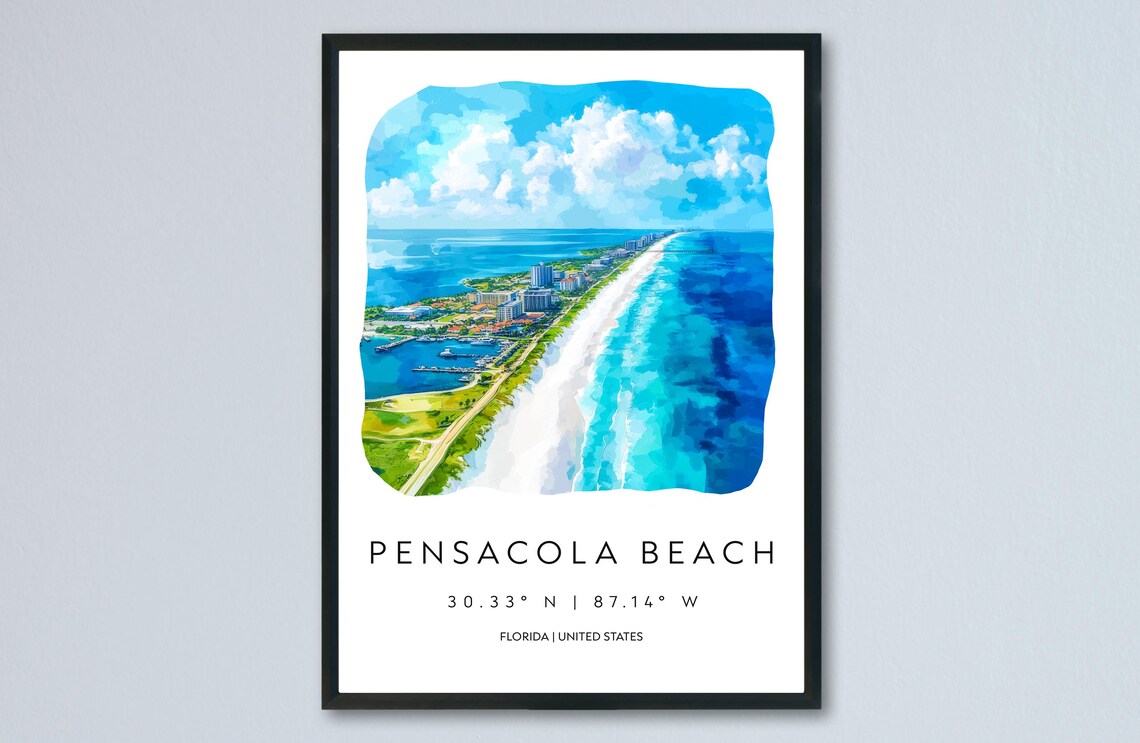 Pensacola Beach Florida Watercolor Aerial Ocean Art Travel Print