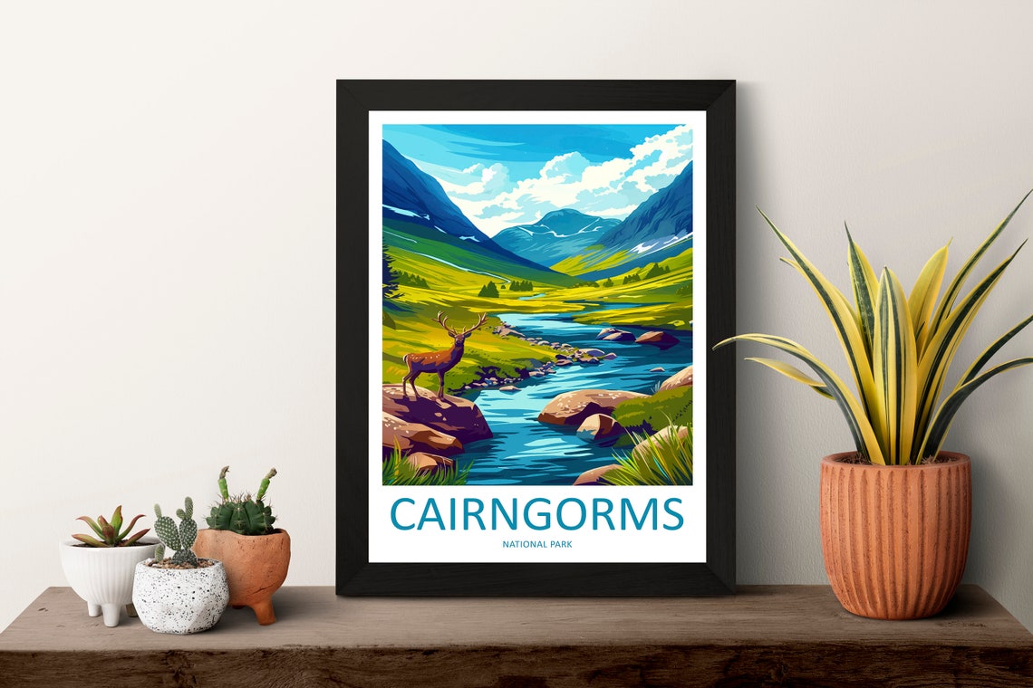 Cairngorms National Park Green Valley Stag River Scene Poster - Image 3
