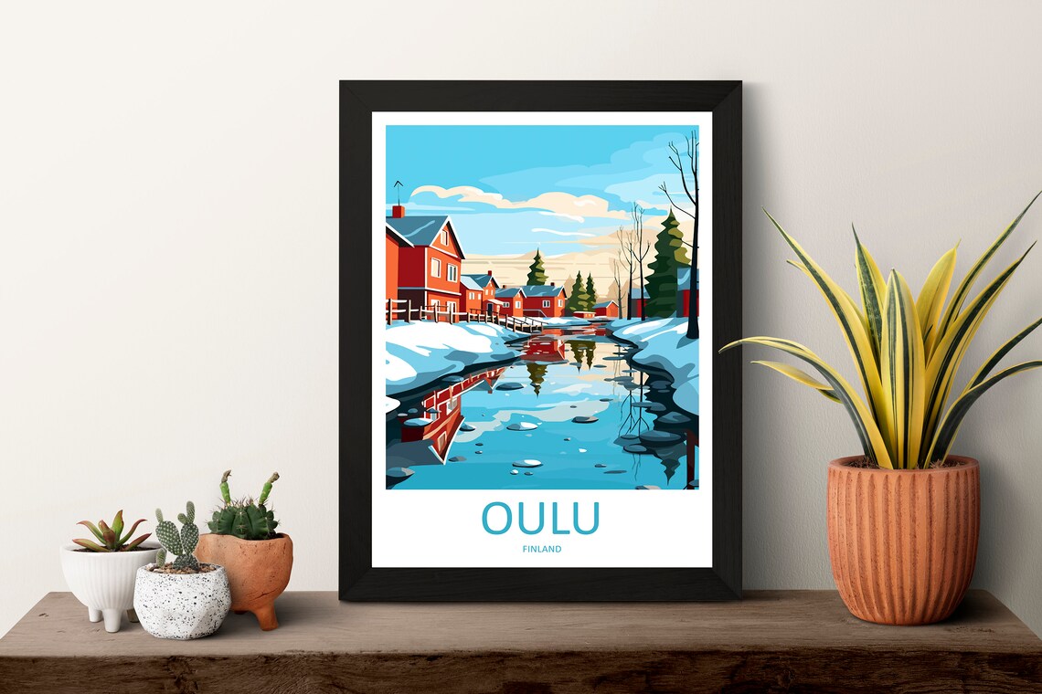 Oulu Finland Winter Snow Red Wooden Houses Vintage Travel Poster - Image 3