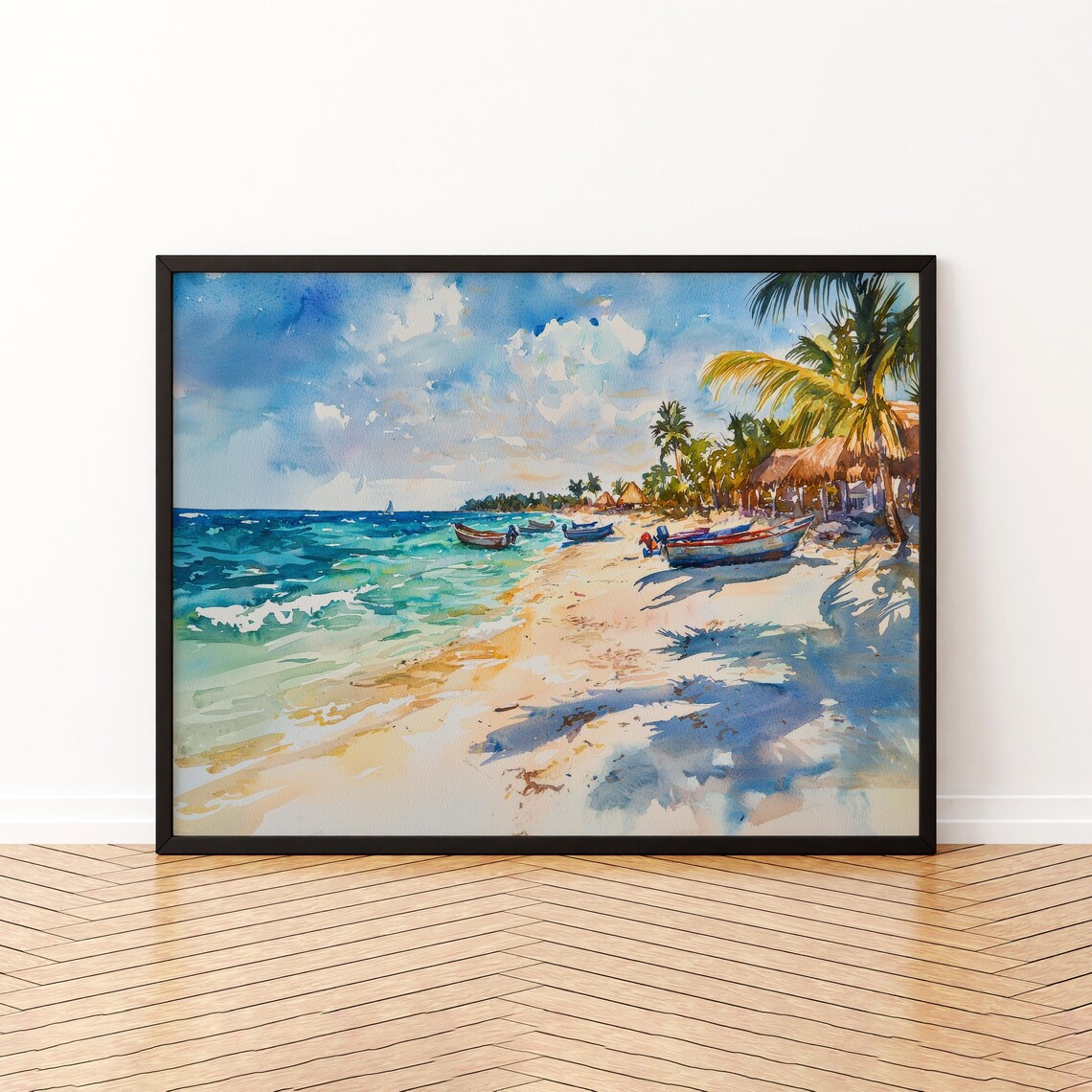 Akumal Mexico Watercolor Travel Poster, Beach Landscape