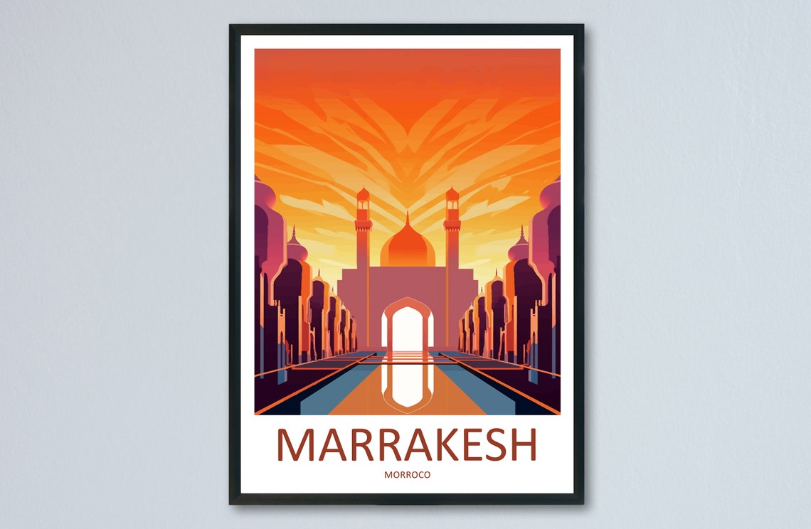 Marrakesh Morocco Fiery Sunset Mosque Boulevard Travel Poster