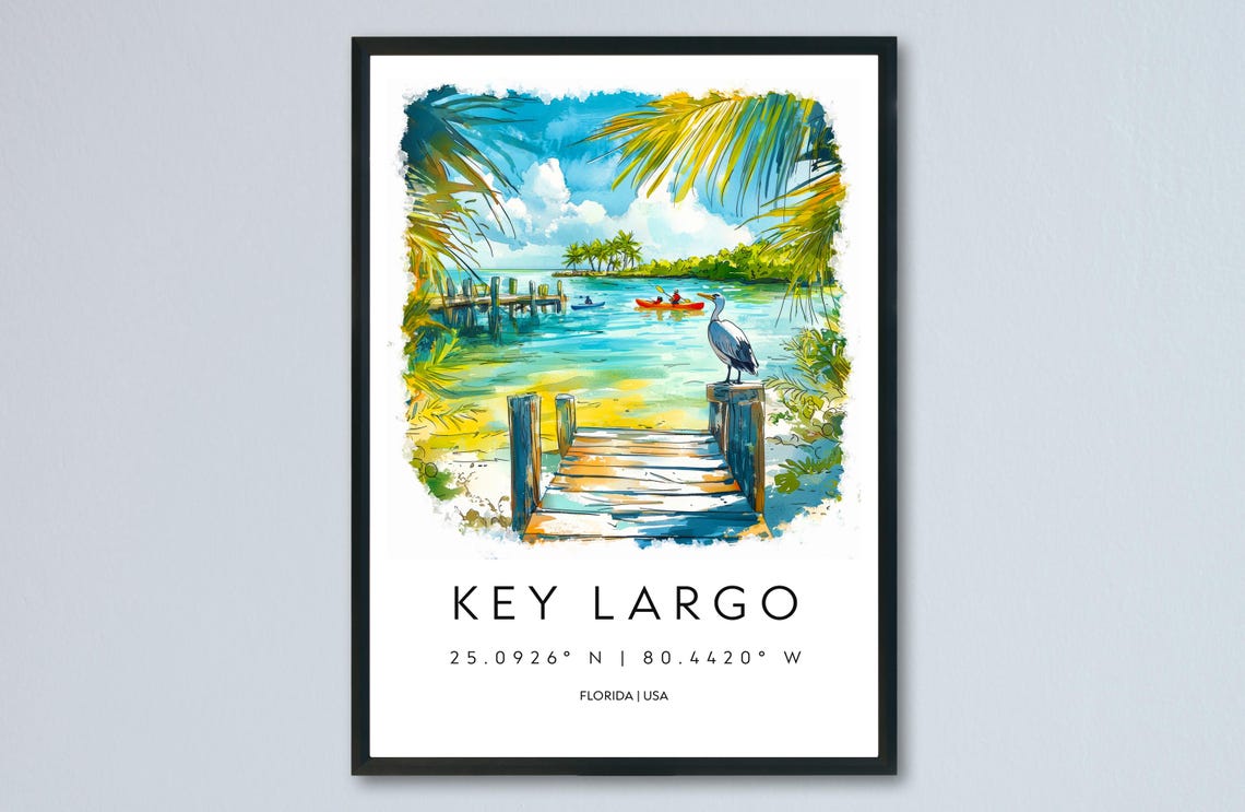 Key Largo Florida Wooden Dock Pelican Watercolor Coastal Art Poster