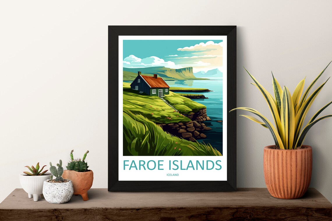Faroe Islands Green Cliff Coastal Cottage Nordic Travel Poster - Image 3