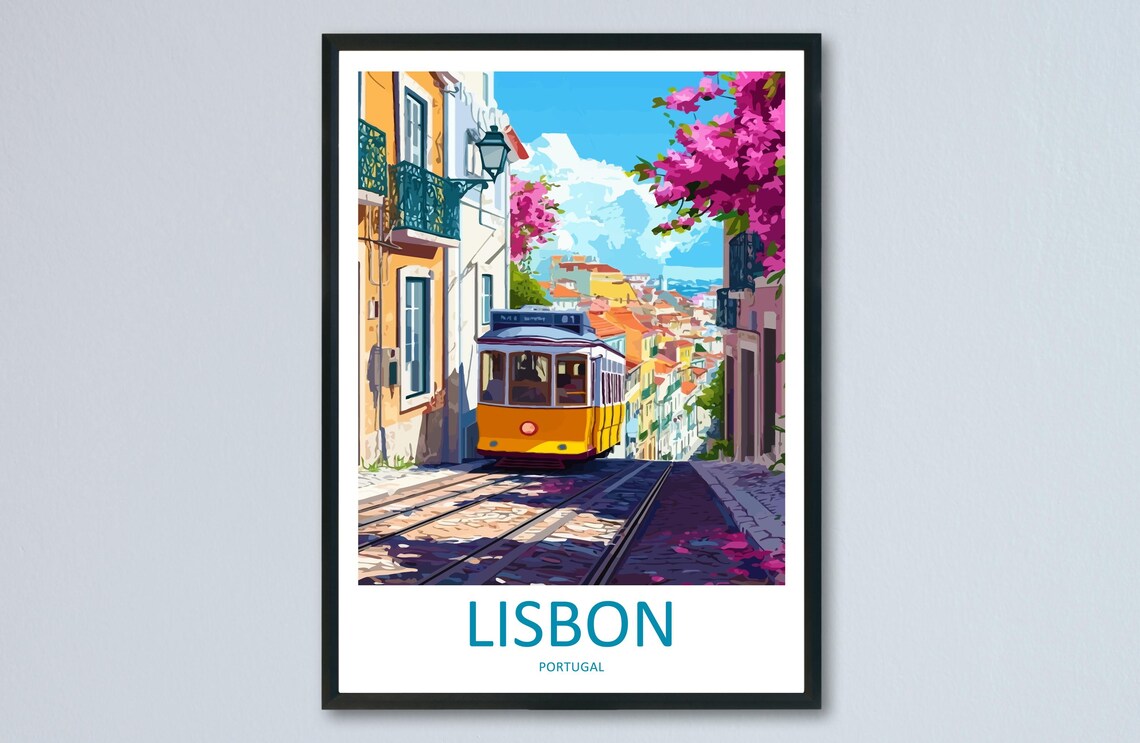 Lisbon Yellow Tram Cobblestone Street Bougainvillea Portugal Travel Poster