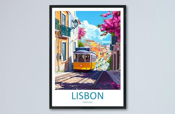 Lisbon Yellow Tram Cobblestone Street Bougainvillea Portugal Travel Poster