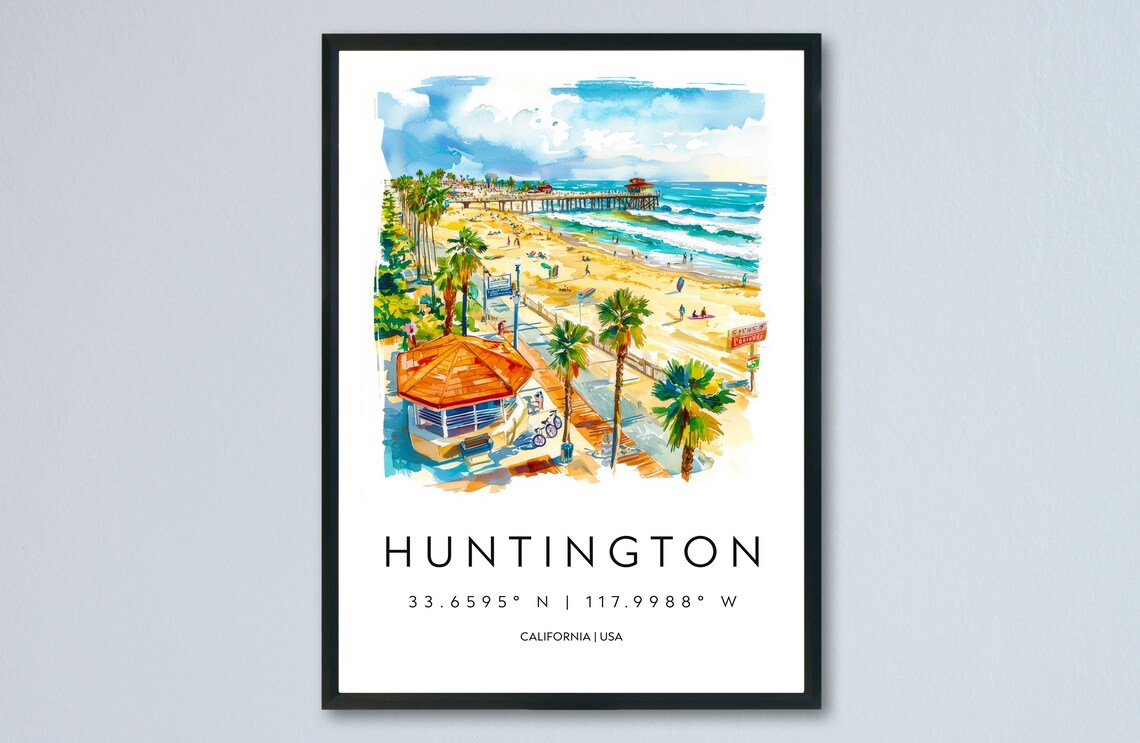 Huntington Beach California Pier Surf Watercolor Travel Poster