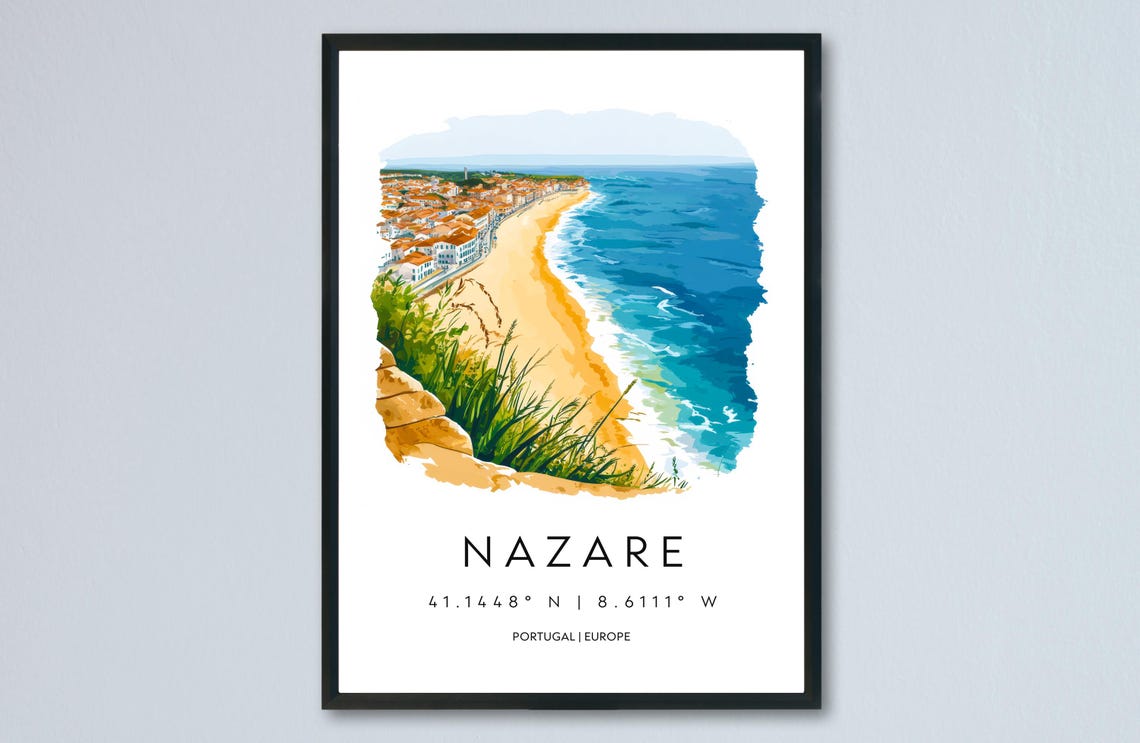 Nazare Golden Beach Waves Watercolor Portugal Surf Coast Poster