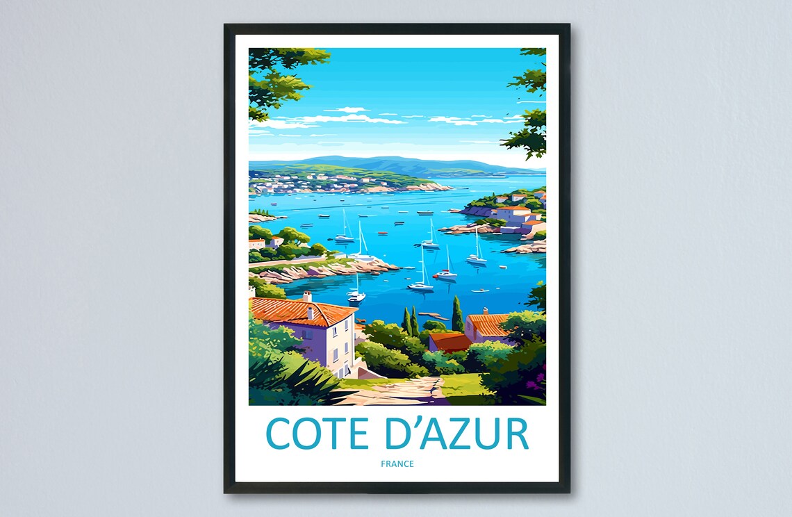 Cote d'Azur France Riviera Bay Sailboats Villas Travel Poster
