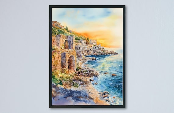 Sicily Italy Ancient Coastal Ruins Sunset Watercolor Sea Poster