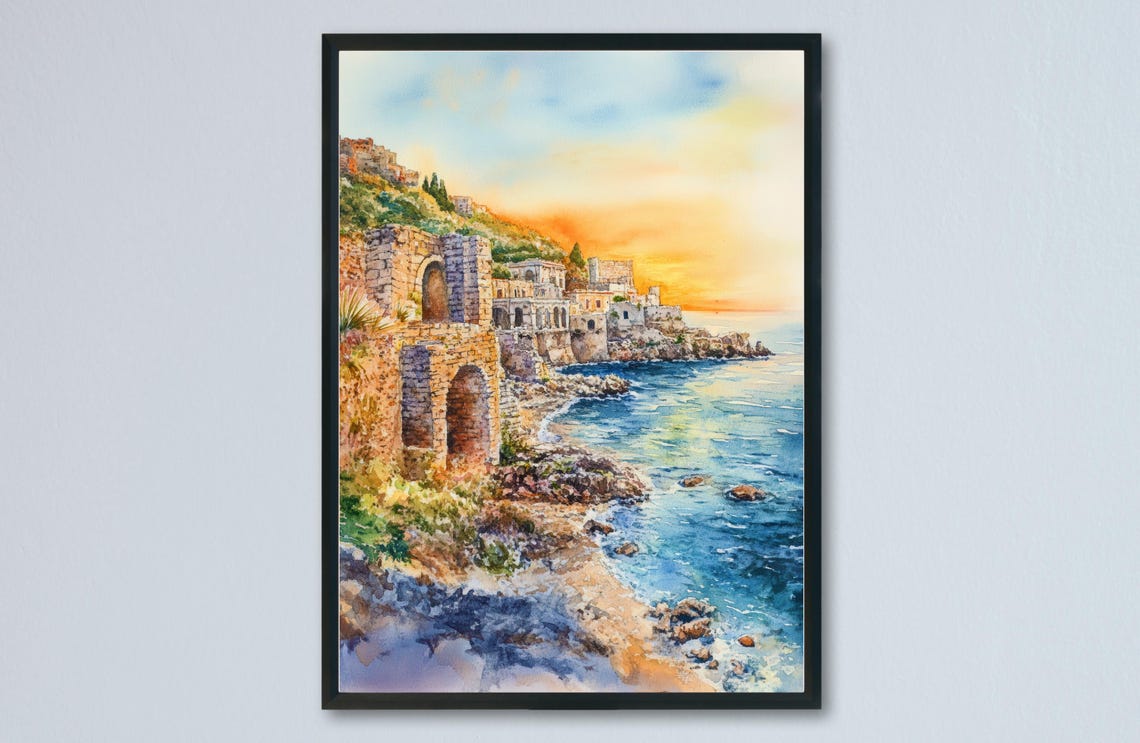 Sicily Italy Ancient Coastal Ruins Sunset Watercolor Sea Poster