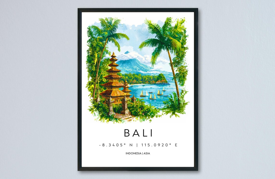 Bali Temple Palms Volcano Watercolor Indonesia Travel Poster