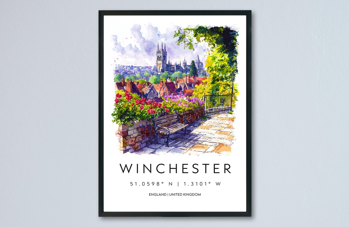 Winchester Cathedral Garden Bench View Watercolor Travel Souvenir Poster