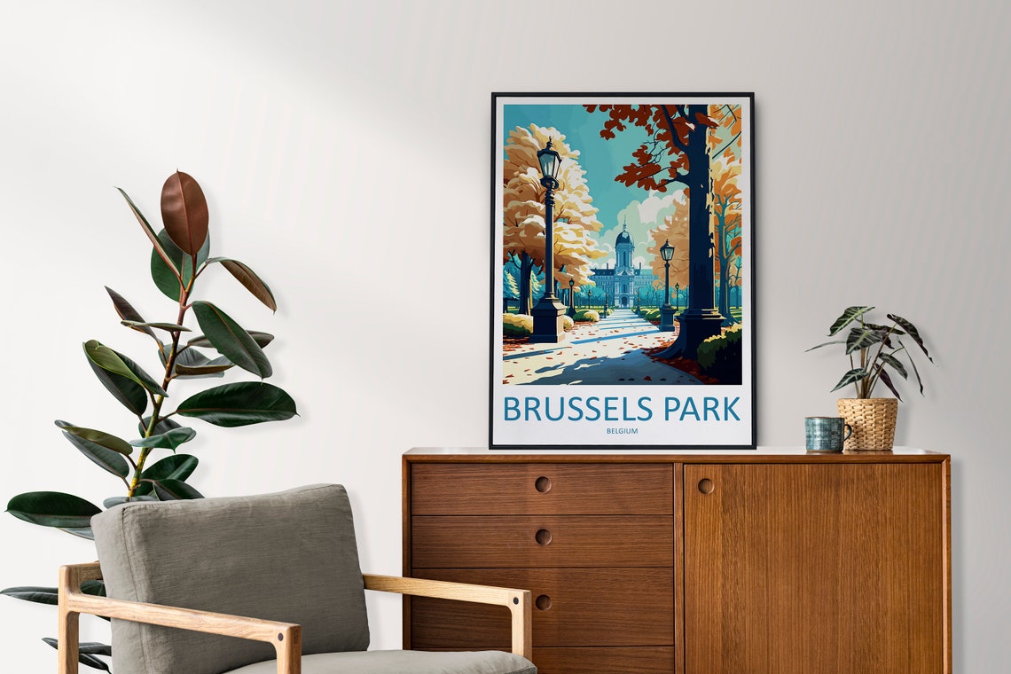 Brussels Park Belgium Autumn Lamp Lit Path Vintage Travel Poster - Image 2