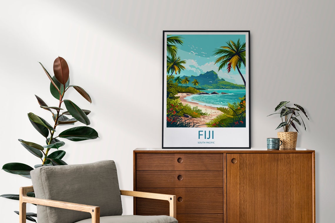 Fiji South Pacific Tropical Beach Palm Trees Vintage Island Poster Art - Image 2
