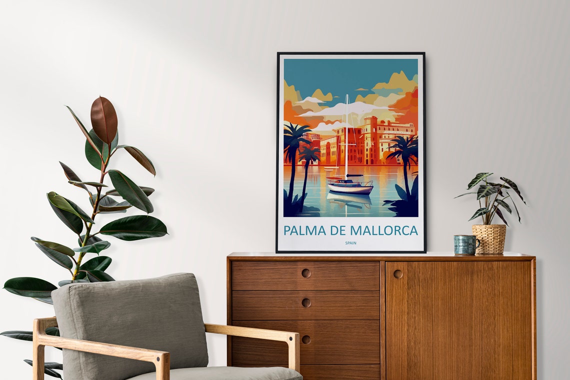 Palma De Mallorca Spain Sailboat At Sunset Harbor View Poster - Image 2