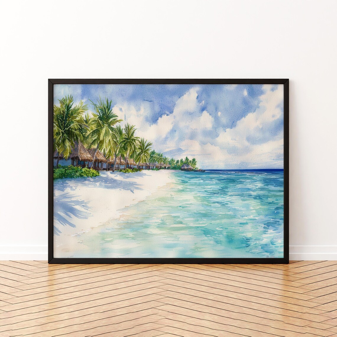 Maldives Watercolor Travel Poster, Ocean Landscape