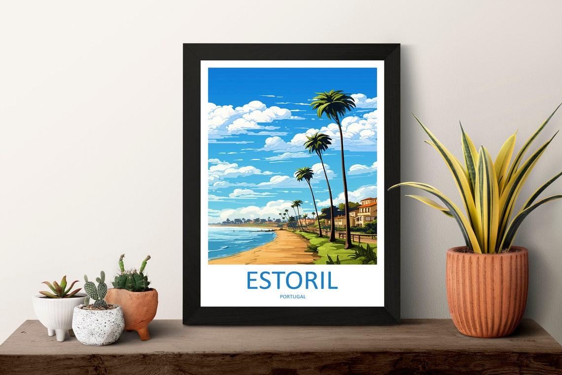 Estoril Portugal Calm Palm Beach Promenade Golden Sunset Poster - Image 3