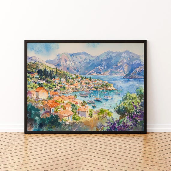 Kefalonia Watercolor Poster Landscape Wall Art Hanging Home Dcor Gift Lovers Greece