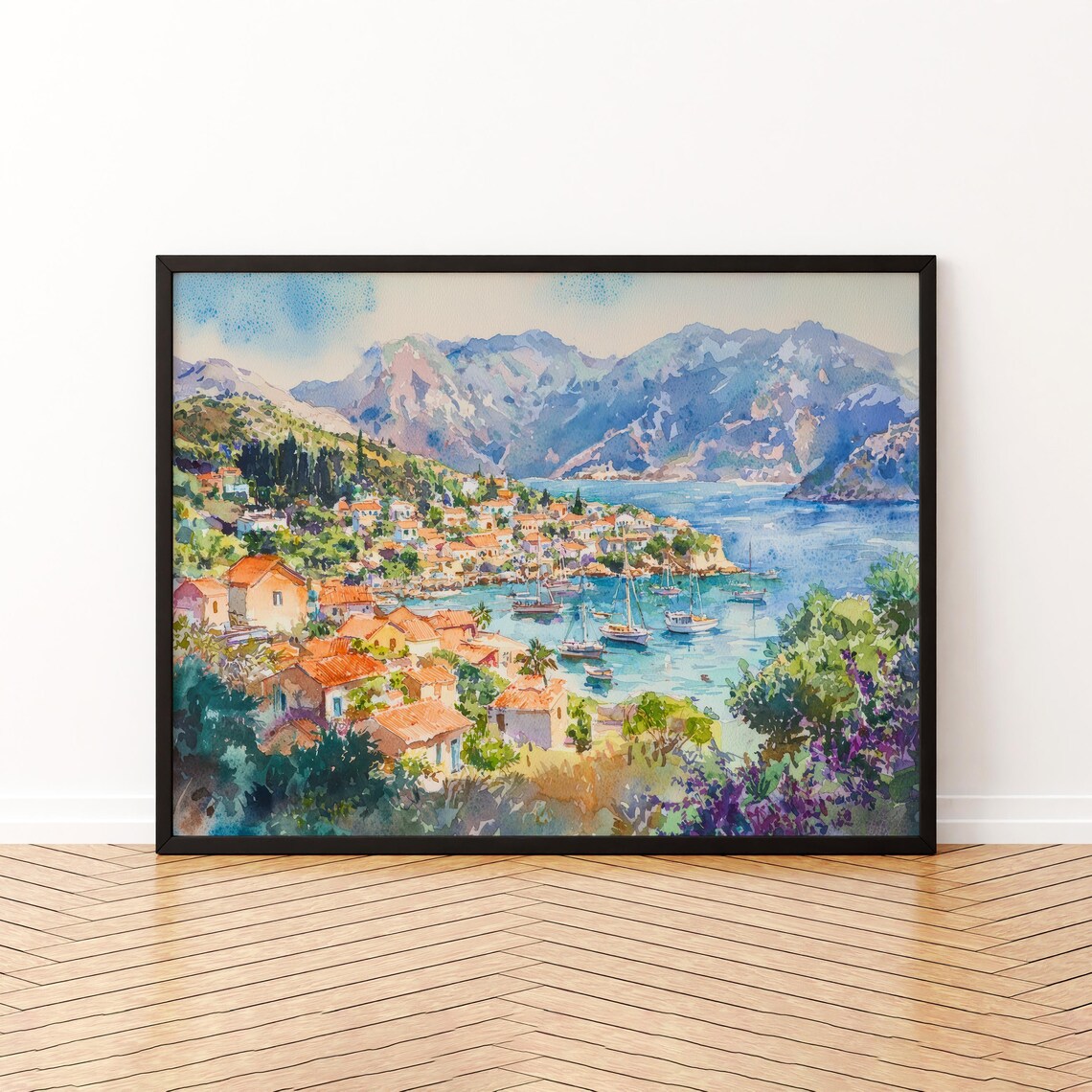 Kefalonia Greek Island Harbor Sailboats and Mountains Watercolor Poster