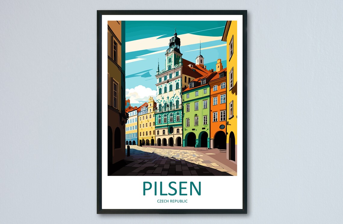 Pilsen Czech Republic Colorful Old Town Square Hall Art Poster