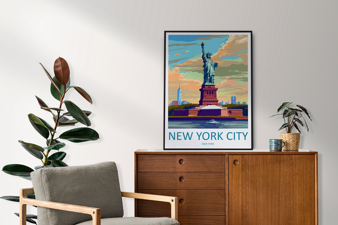 New York City Statue Of Liberty Sunset Skyline Vintage Travel Poster - Image 2