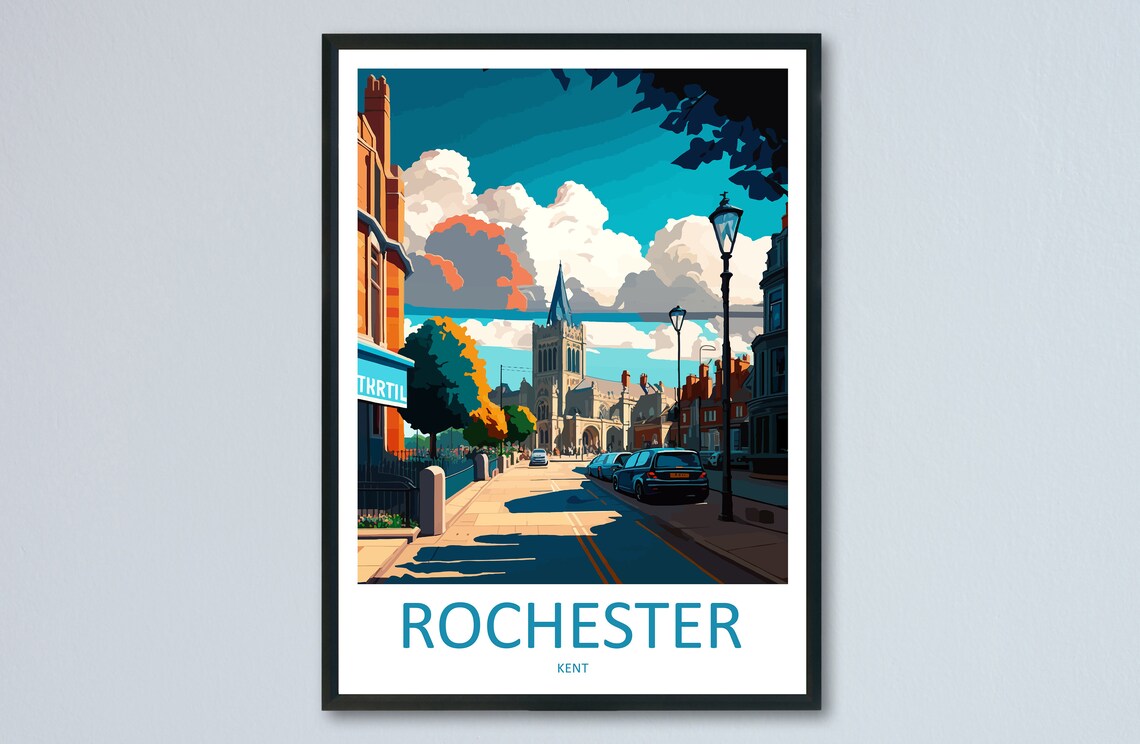 Rochester Kent England Historic Cathedral Street Sunny Travel Poster