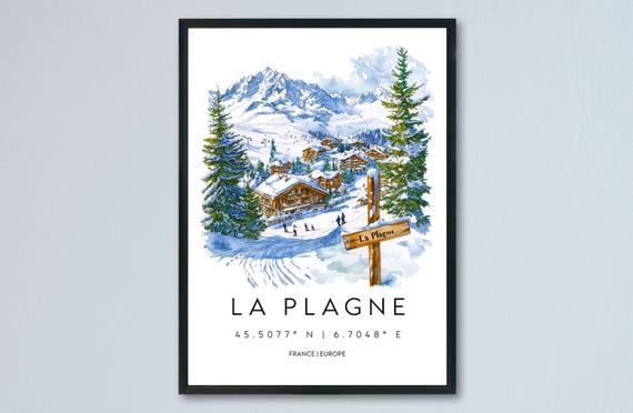 La Plagne Watercolor Poster Travel Print Wall Art Ski Resort Painting Souvenir France Decor