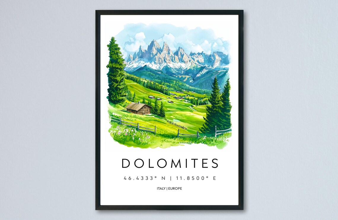 Dolomites Italy Alpine Peaks Meadow Cabin Watercolor Travel Poster